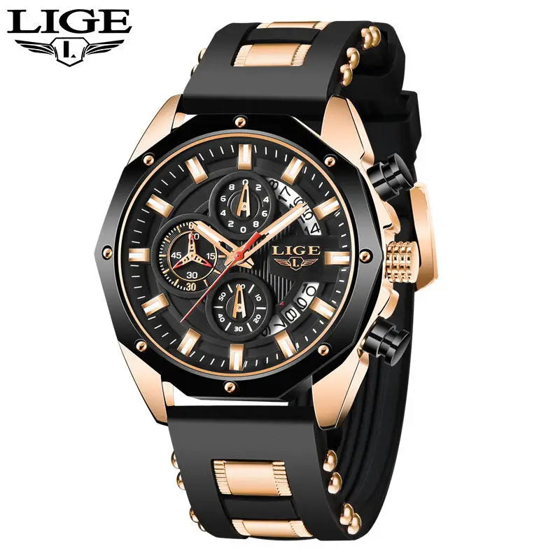 LIGE LIGE8908 Mens Quartz Watch, Silicone, Chronograph, 3Bar Waterproof, Date, Luminous