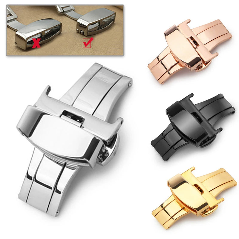 Stainless Steel Butterfly Buckle Watch Band 10-24mm, Polished Clasp V1-V9