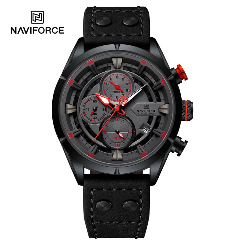 NAVIFORCE NF8045 Mens Luxury Quartz Watch, Leather, Chronograph, 44mm, Waterproof, Date Display