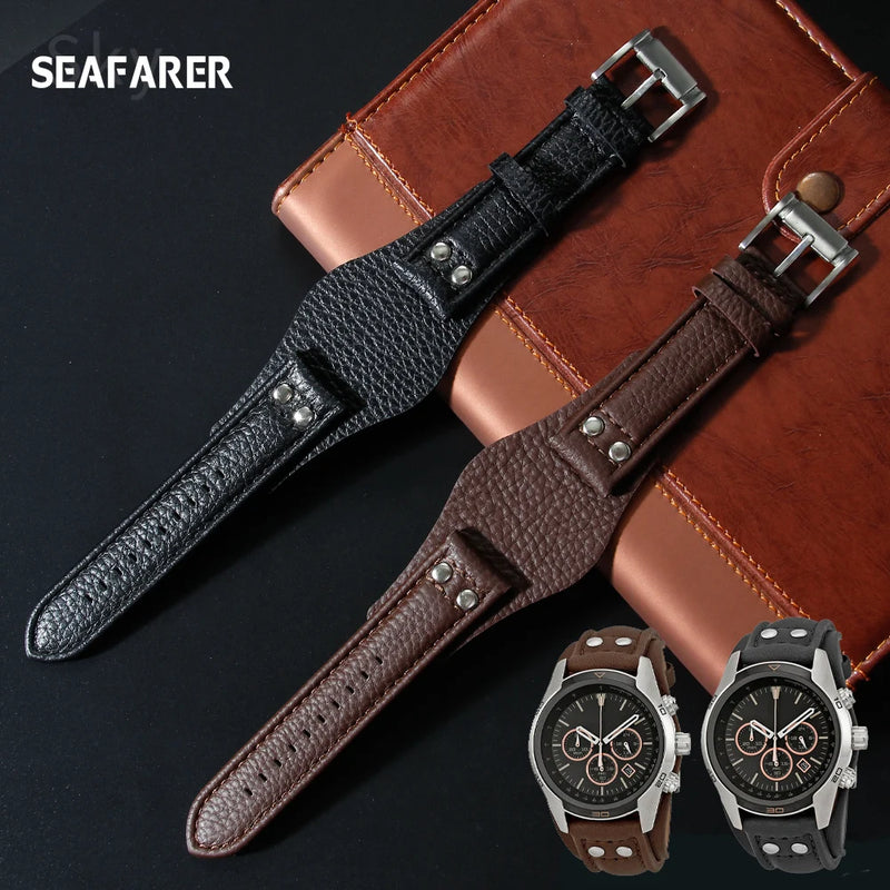 Leather Watch Strap for Fossil CH2564, CH2565, CH2891, CH3051 | 22mm Black & Brown with Rivet Style