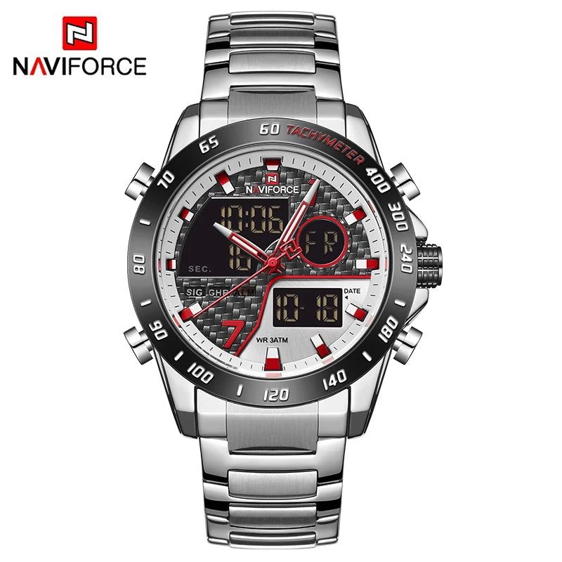 NAVIFORCE NF9171 Mens Digital Quartz Watch, LED, Stainless Steel, 45mm, Waterproof, Chronograph