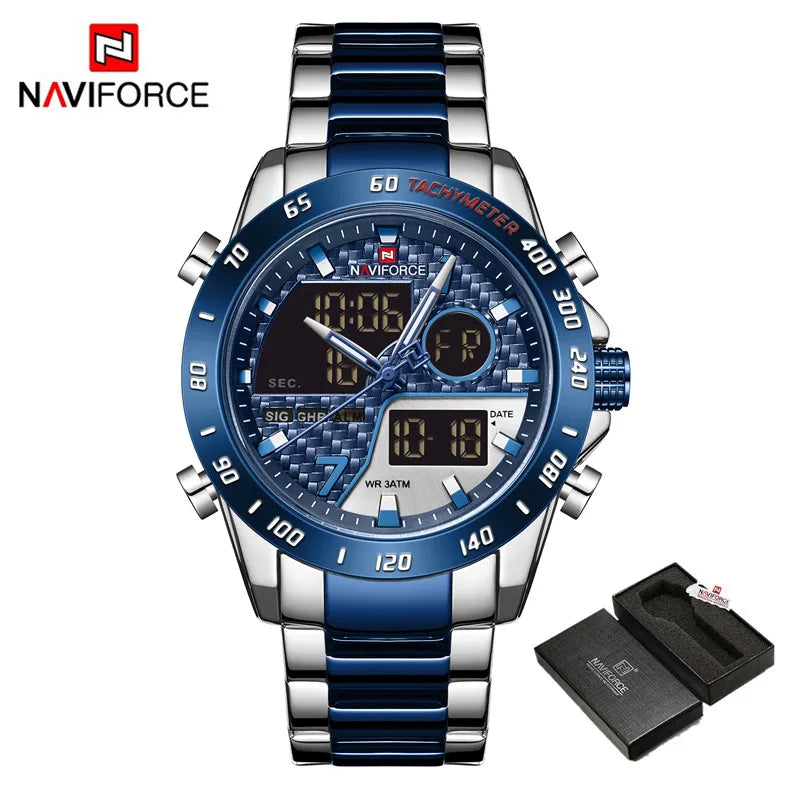 NAVIFORCE NF9171 Mens Digital Quartz Watch, LED, Stainless Steel, 45mm, Waterproof, Chronograph