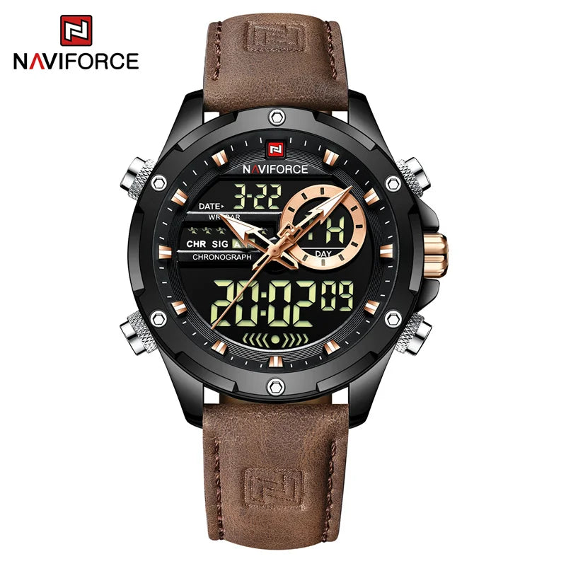 NAVIFORCE NF9208 Mens Luxury Leather Watch, Chronograph, Alarm, Dual Display, 45mm, Waterproof