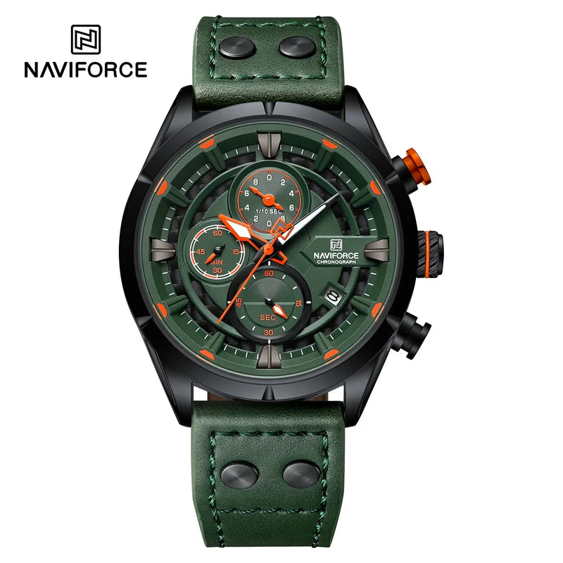 NAVIFORCE NF8045 Mens Luxury Quartz Watch, Leather, Chronograph, 44mm, Waterproof, Date Display