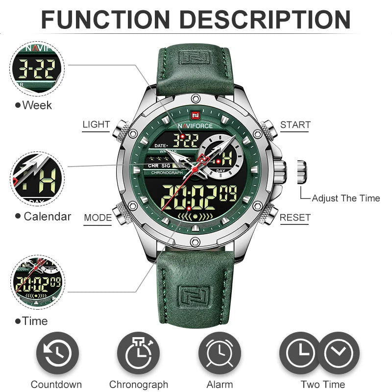 NAVIFORCE NF9208 Mens Leather Quartz Watch, Chronograph, Alarm, Digital, 45mm, WaterproofProduct Description:Unleash your style with this NAVIFORCE Men’s Quartz Wristwatch (Model NF9208), blending military-inspired design with